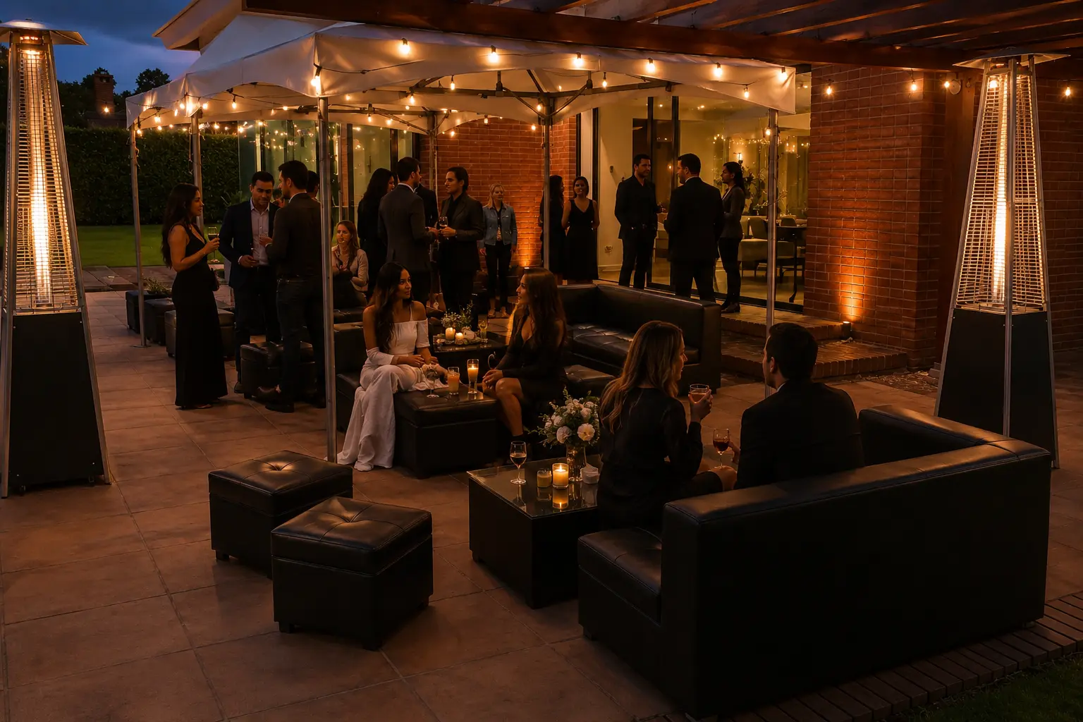 Lounge negro y calientapatios — ideas para eventos