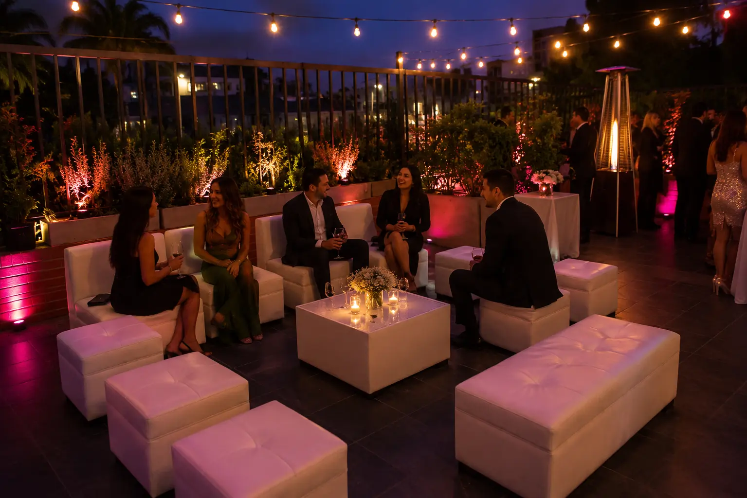 Sala lounge blanca en terraza — ideas para eventos